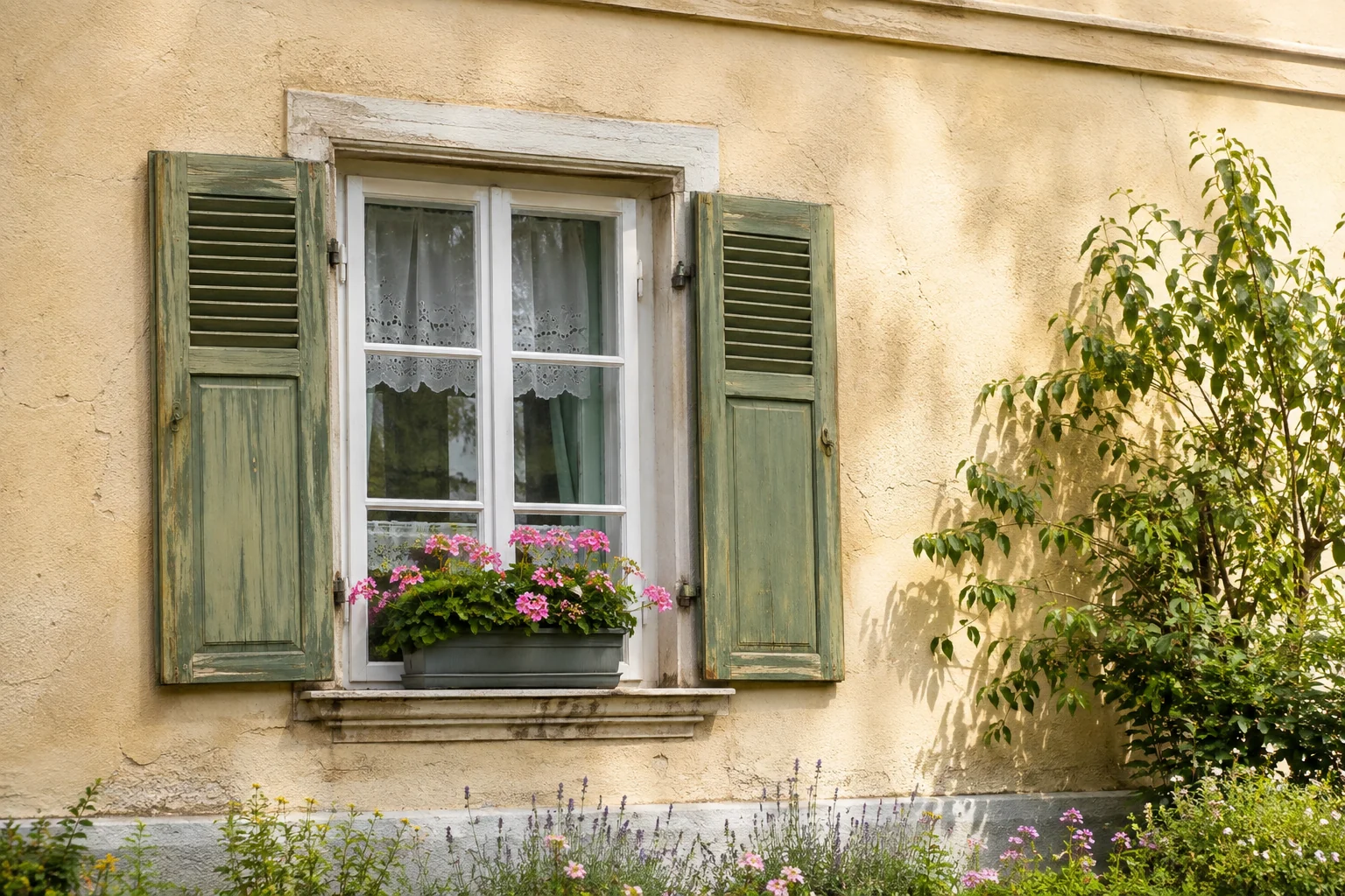 Ältere Hausfassade mit Fensterläden und gepflegter Bepflanzung