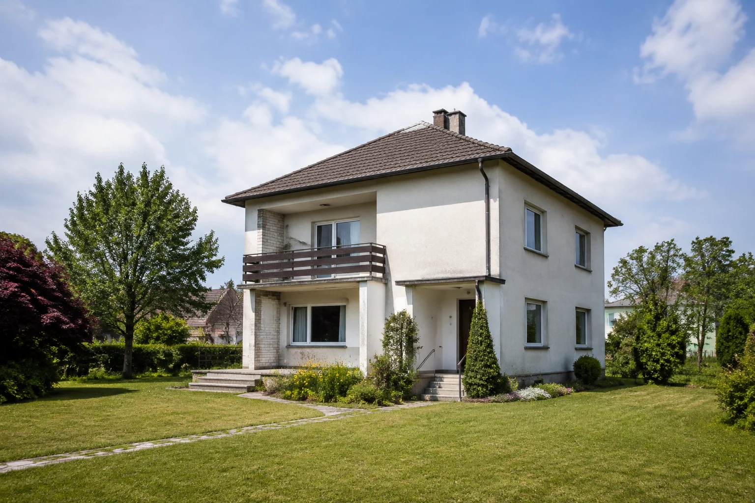 Älteres Einfamilienhaus mit Garten und erkennbarem Modernisierungsbedarf